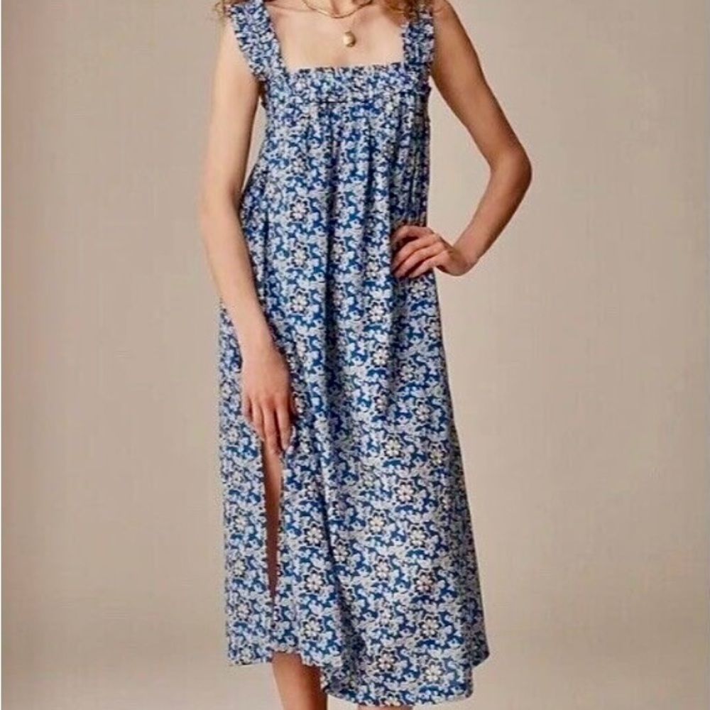 J. Crew Cotton Voile Ruffle Trim Shift Dress Cobalt Floral